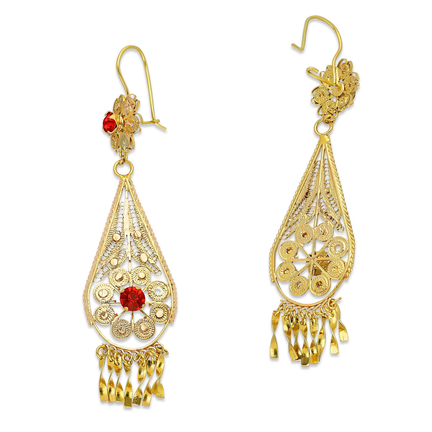 MR10AR043 Arete Arracada Oro Sólido 10K Modelo Flor con Gota Colgante Piedras Rojas Diámetro 8.8 cm
