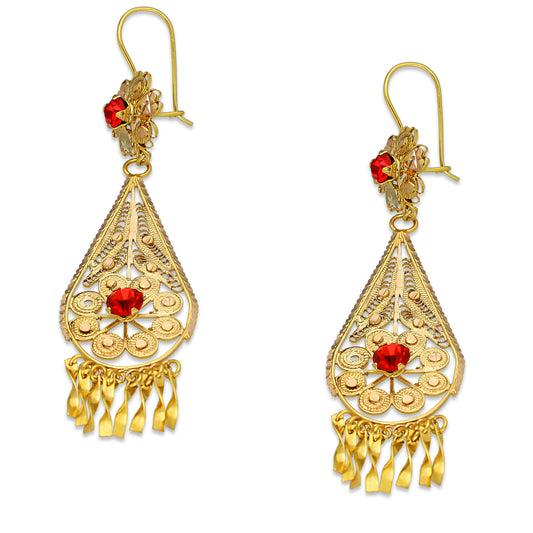 MR10AR043 Arete Arracada Oro Sólido 10K Modelo Flor con Gota Colgante Piedras Rojas Diámetro 8.8 cm