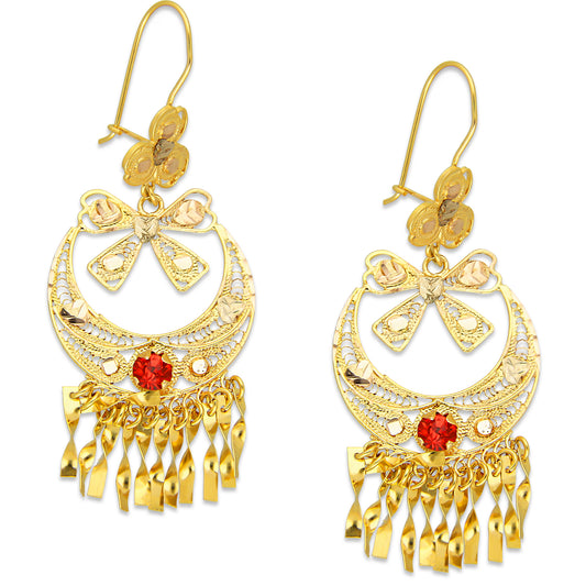 MR10AR045 Arete Arracada Oro Sólido 10K Modelo Círculo Canasta con Flor al Centro Diámetro 5.7 cm