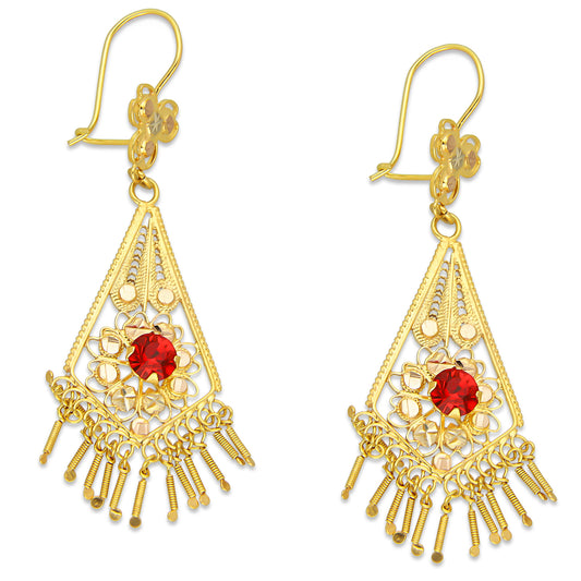 MR10AR046 Arete Arracada Oro Sólido 10K Modelo Romboide con Piedra Roja Diámetro 5.6 cm