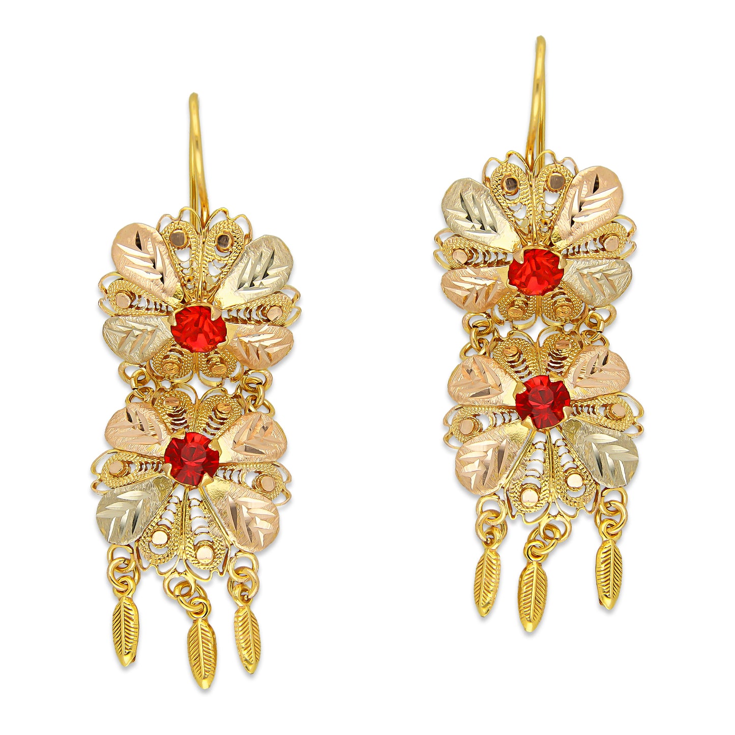 MR10AR048 Arete Arracada Oro Sólido 10K Modelo 2 Flores con 3 Hojas Colgantes y Piedras Rojas Diámetro 4.8 cm