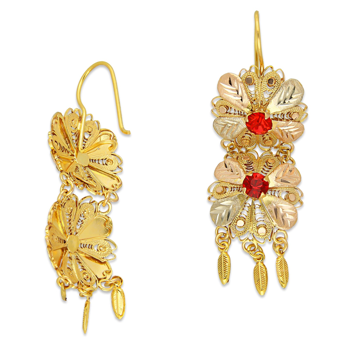 MR10AR048 Arete Arracada Oro Sólido 10K Modelo 2 Flores con 3 Hojas Colgantes y Piedras Rojas Diámetro 4.8 cm