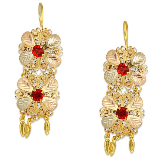 MR10AR048 Arete Arracada Oro Sólido 10K Modelo 2 Flores con 3 Hojas Colgantes y Piedras Rojas Diámetro 4.8 cm