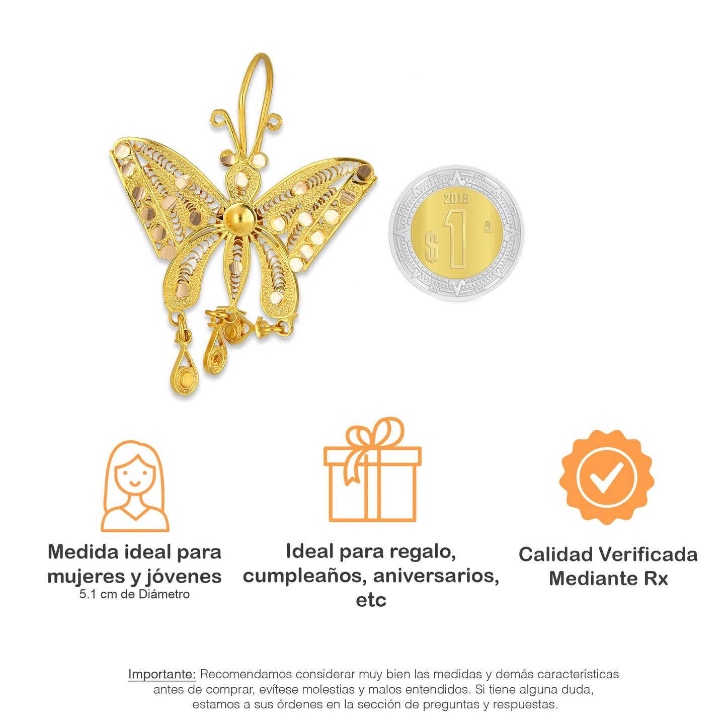 MR10AR049 Arete Arracada Oro Sólido 10K Modelo Mariposas Diámetro 5.1 cm