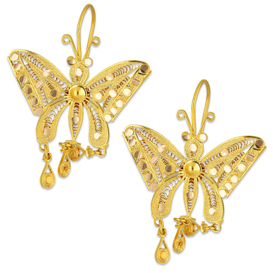 MR10AR049 Arete Arracada Oro Sólido 10K Modelo Mariposas Diámetro 5.1 cm