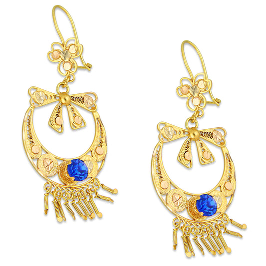 MR10AR050 Arete Arracada Oro Sólido 10K Modelo Canasta con Moño Piedra Azul Diámetro 5.7 cm