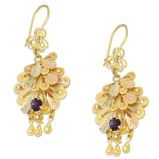 MR10AR051 Arete Arracada Oro Sólido 10K Modelo Abanicos con 3 Círculos Colgantes Diámetro 5.9 cm