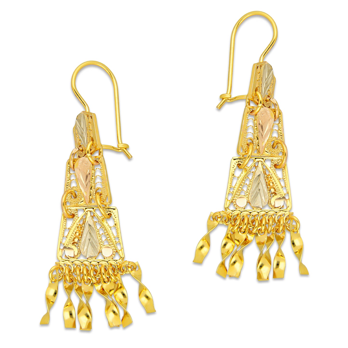 MR10AR054 Arete Arracada Oro Sólido 10K Modelo Romboide Articulado con Colgantes Diámetro 5.2 cm