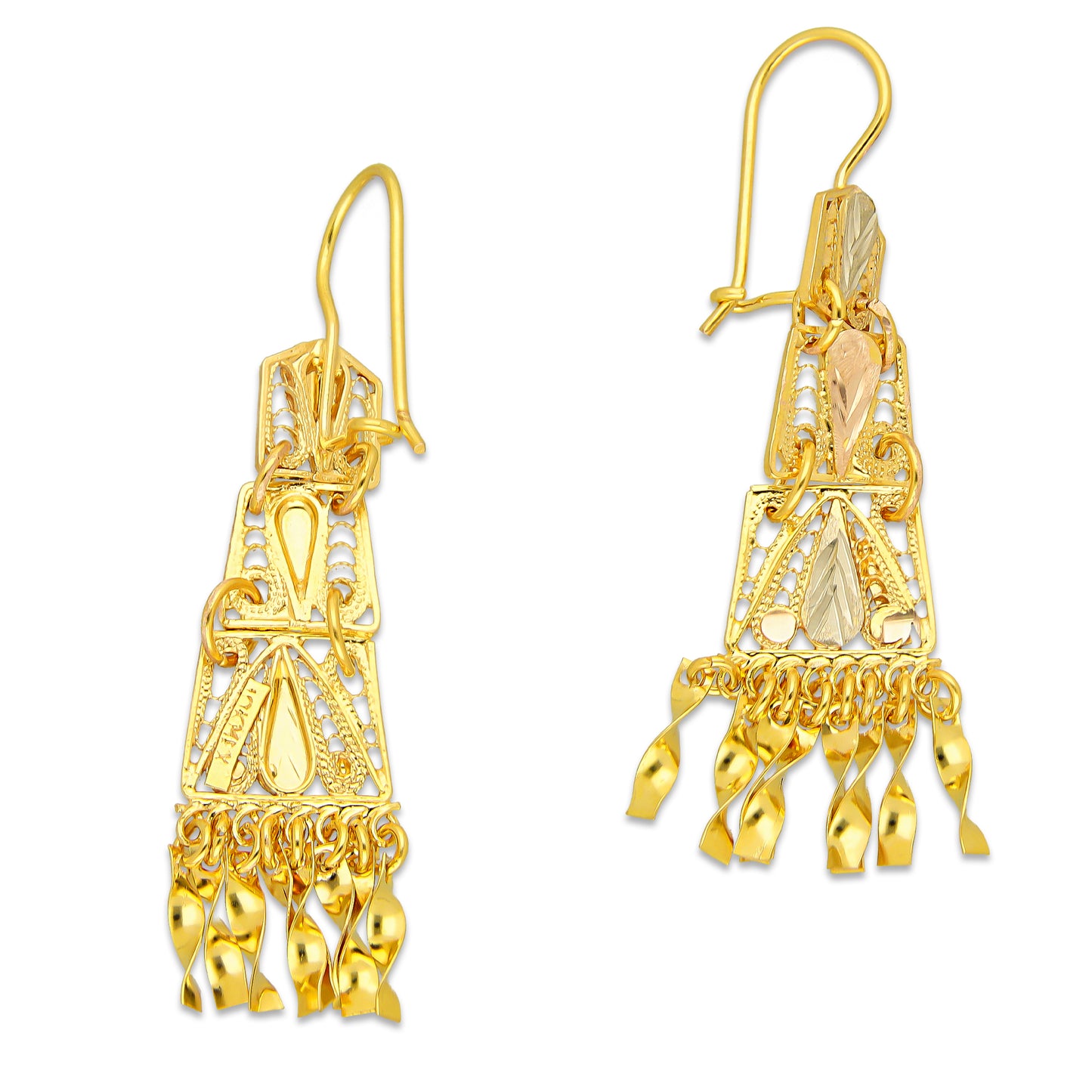 MR10AR054 Arete Arracada Oro Sólido 10K Modelo Romboide Articulado con Colgantes Diámetro 5.2 cm