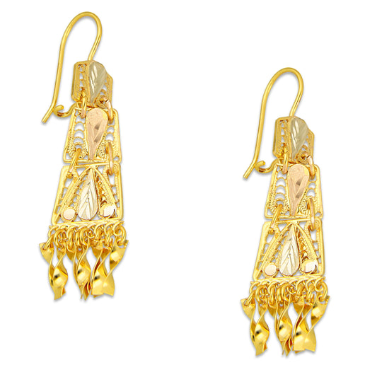 MR10AR054 Arete Arracada Oro Sólido 10K Modelo Romboide Articulado con Colgantes Diámetro 5.2 cm