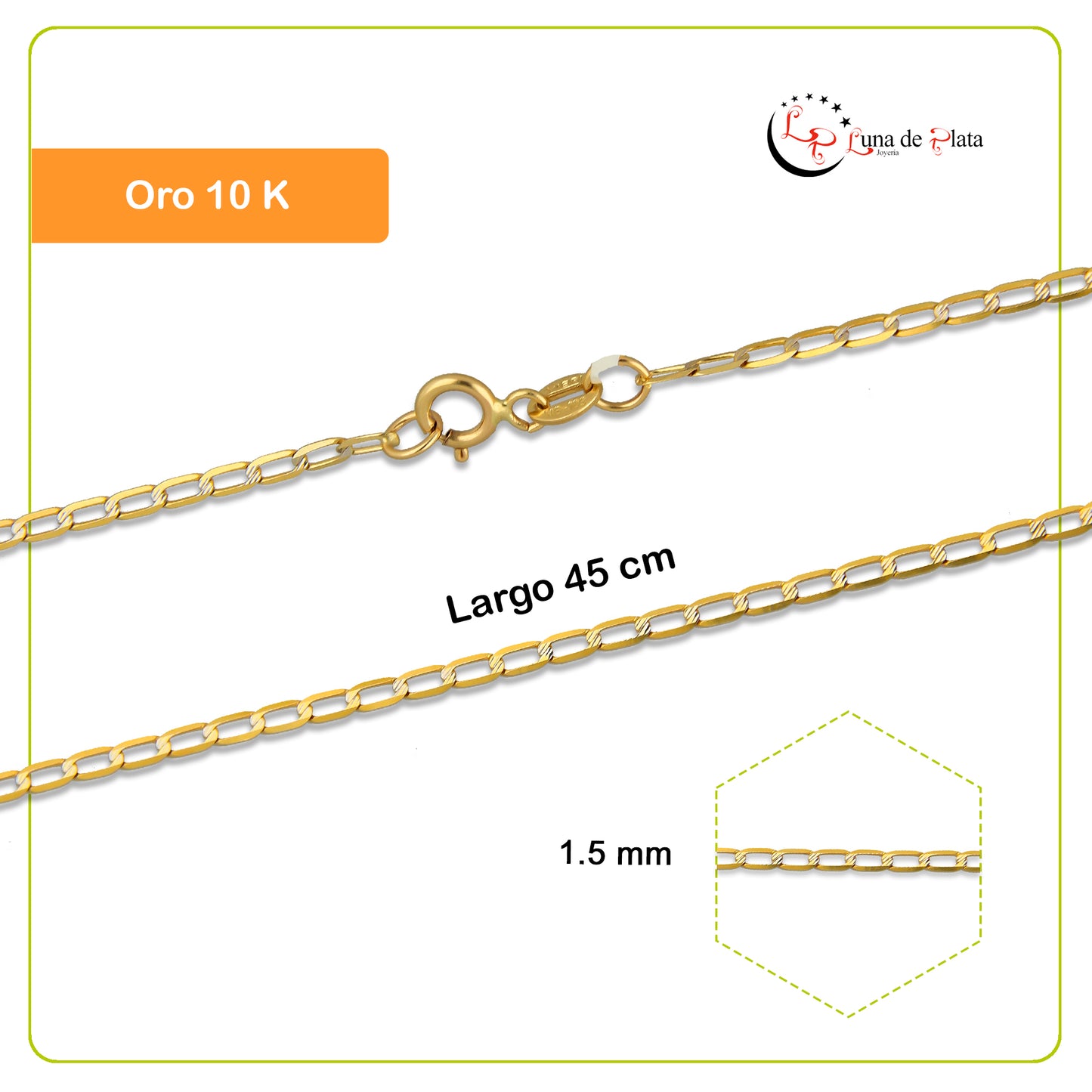 MR10CU008-45 Cadena Oro Sólido 10K EMC10 Modelo Figaro 0*1 1.5 mm x 45 cm