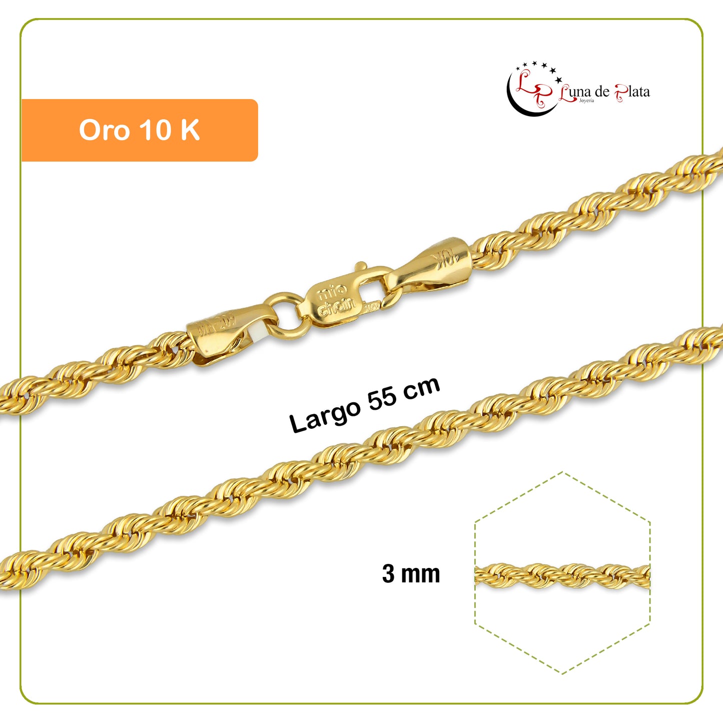 MR10CU025-55 Cadena Oro Sólido 10K EMF10 Modelo Torsal Lisa 3 mm x 55 cm