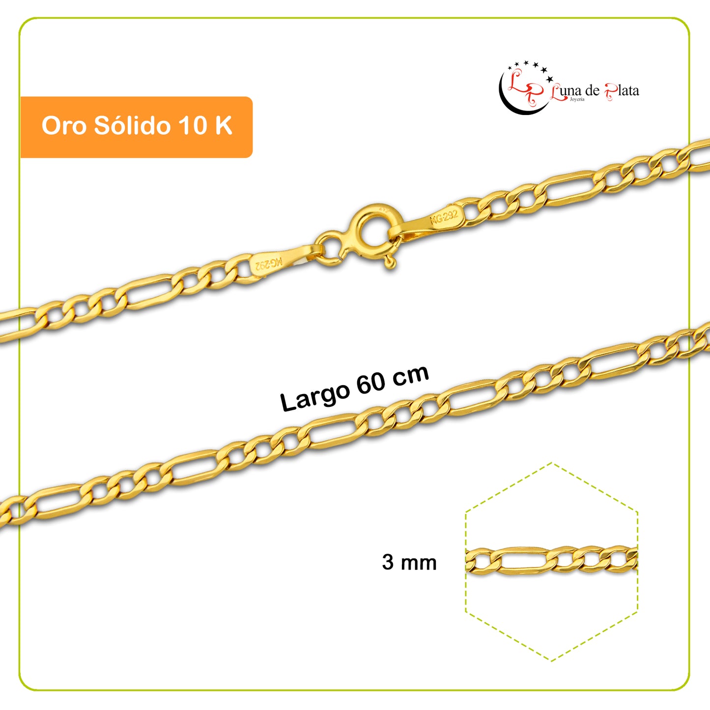 MR10CU028-60 Cadena Oro Sólido 10K EMF10 Modelo Figaro 3*1 3 mm x 60 cm