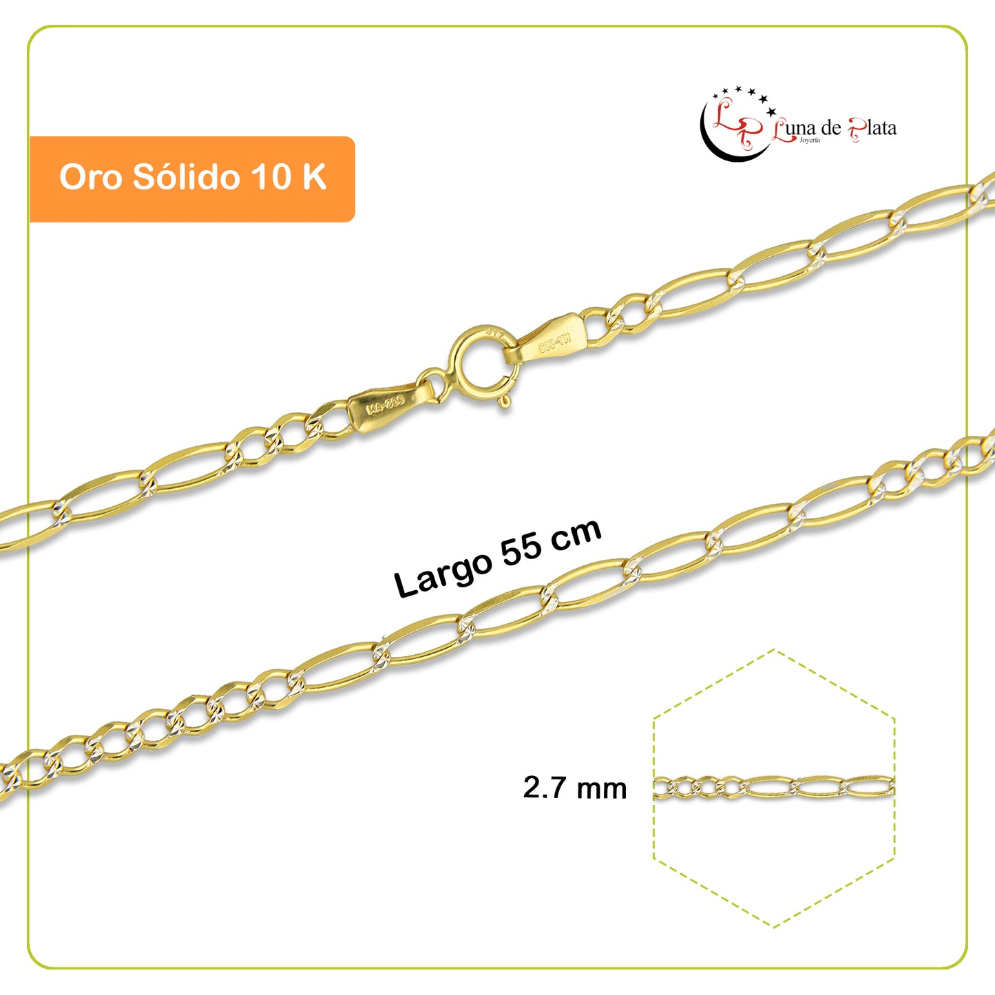 MR10CU032-55 Cadena Oro Sólido 10K Fígaro 10*7 Diamantada 2.7 mm x 55 cm