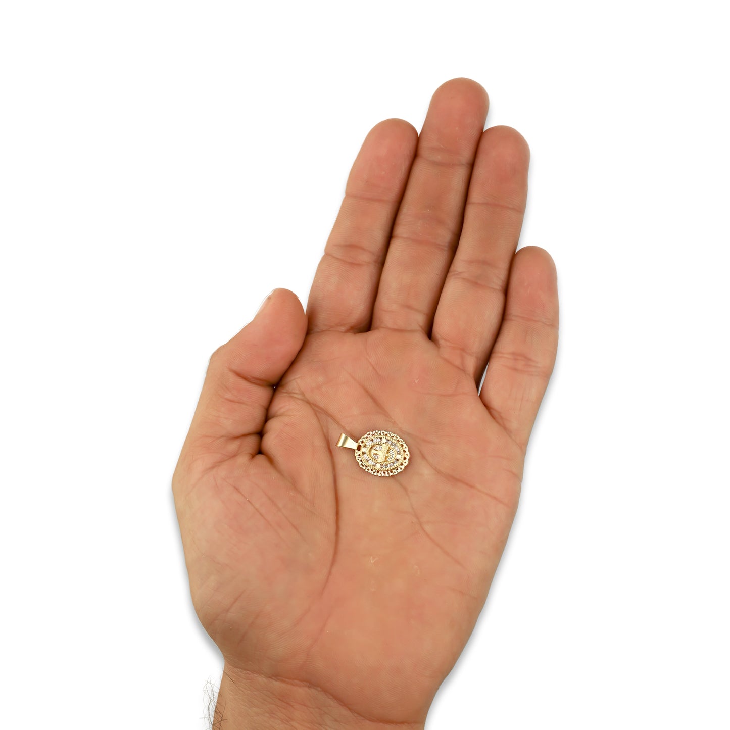 MR14DJ004 Dije Medalla Oval Oro Sólido 14K Espíritu Santo Zirc Perl Olan 1.2 x 1.9 cm