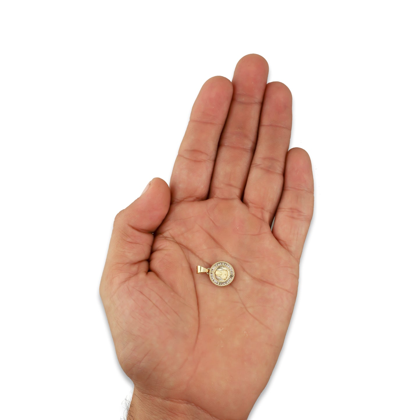 MR14DJ007 Dije Medalla Redonda Oro Sólido 14K Sagrado Corazón Zirc Perl 1.1 x 1.7 cm