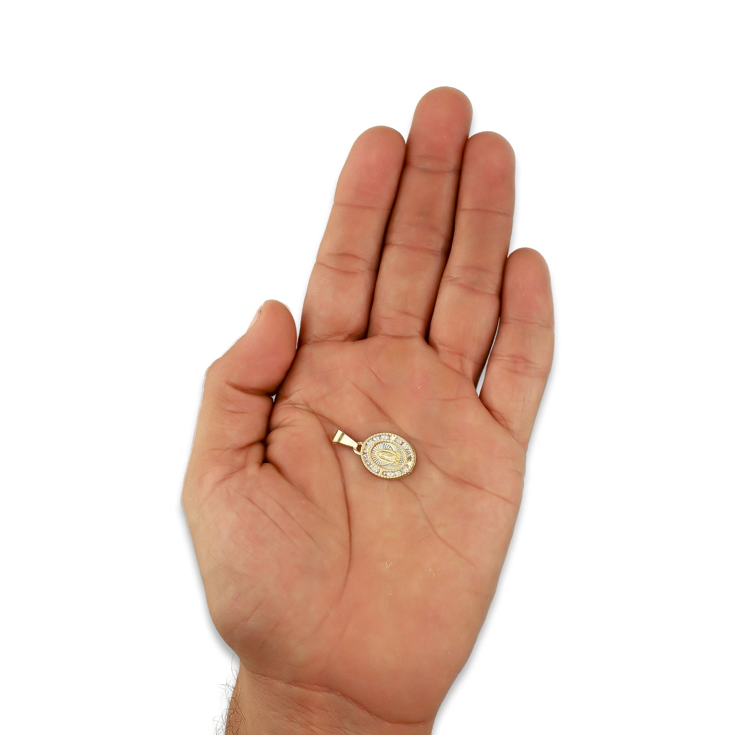 MR14DJ011 Dije Medalla Oval Oro Sólido 14K Virgen Perl 1.2 x 2.2 cm