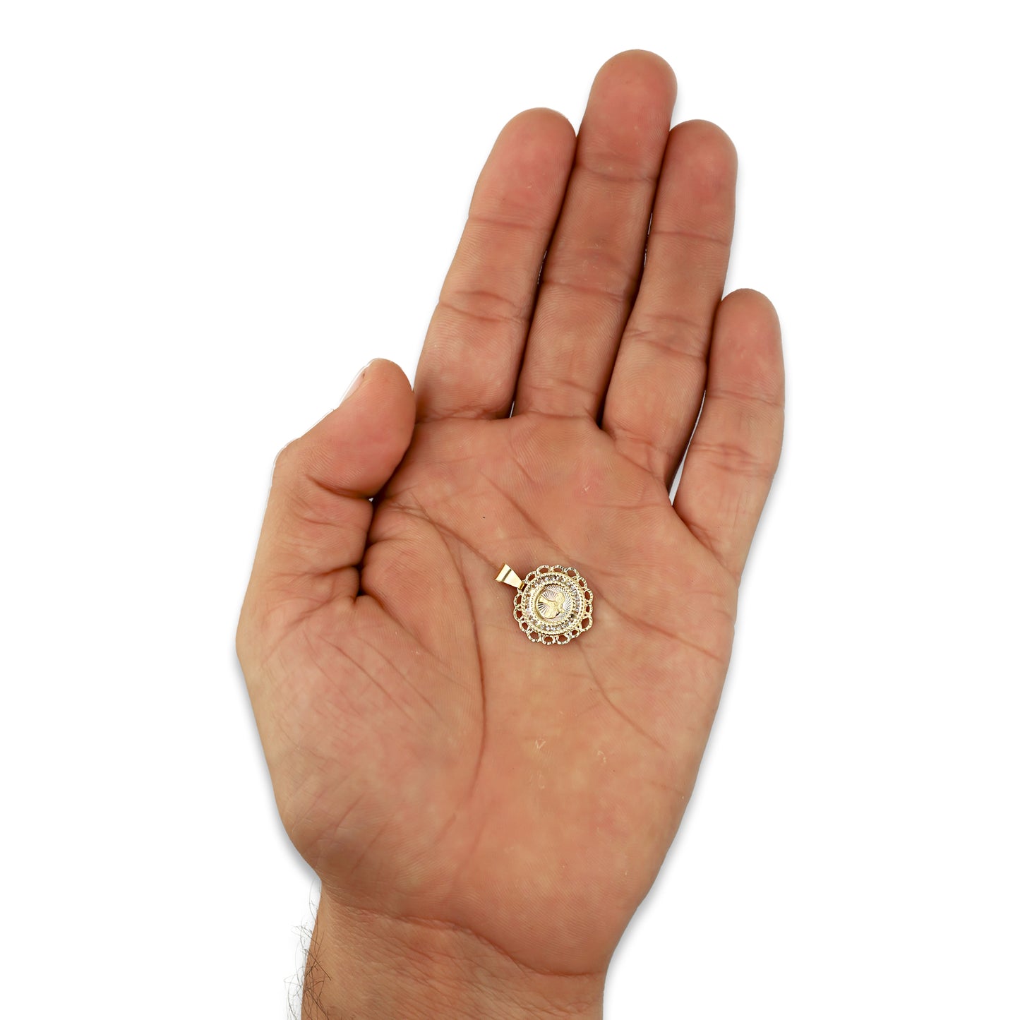 MR14DJ012 Dije Medalla Redonda Oro Sólido 14K Espíritu Santo Zirc Perl Olan 1.5 x 1.9 cm