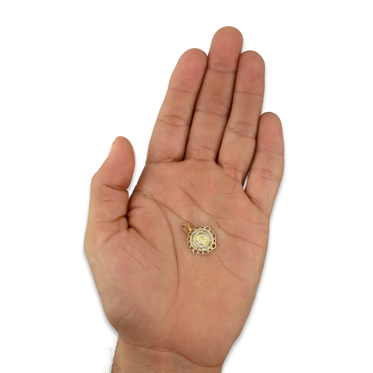 MR14DJ013 Dije Medalla Redonda Oro Sólido 14K Virgen Zirc Perl Olan 1.5 x 1.9 cm