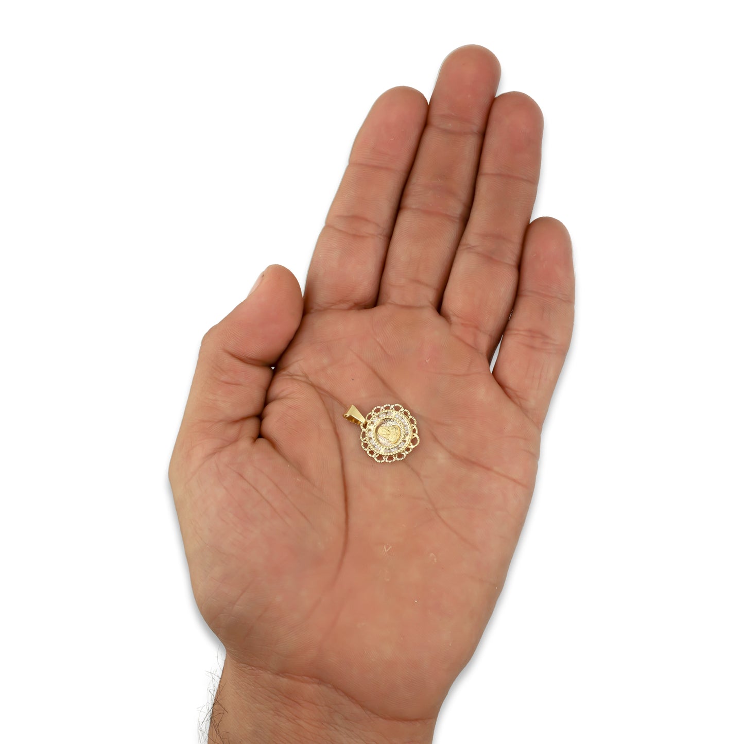 MR14DJ014 Dije Medalla Redonda Oro Sólido 14K Sagrado Corazón Zirc Perl Olan 1.5 x 1.9 cm