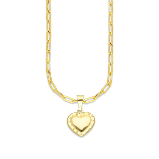 MR10DP104 Cadena Oro Sólido 10K + Dije Oro Sólido 10K EM Corazón Liso Bombeado Remaches 1.3 cm x 2 cm