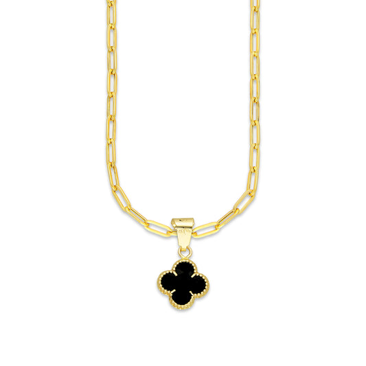 MR10DP108 Cadena Oro Sólido 10K + Dije Oro Sólido 10K EM Trébol Esmaltado Negro 1 cm x 1.9 cm