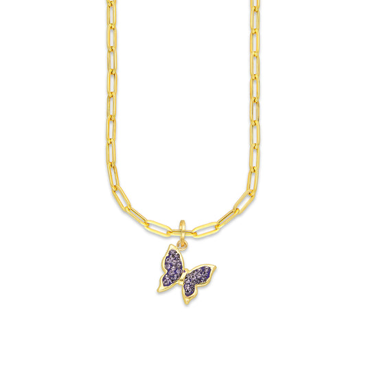 MR10DP112 Cadena Oro Sólido 10K + Dije Oro Sólido 10K EM Mariposa Cristalitos Morado 1 cm x 1.6 cm