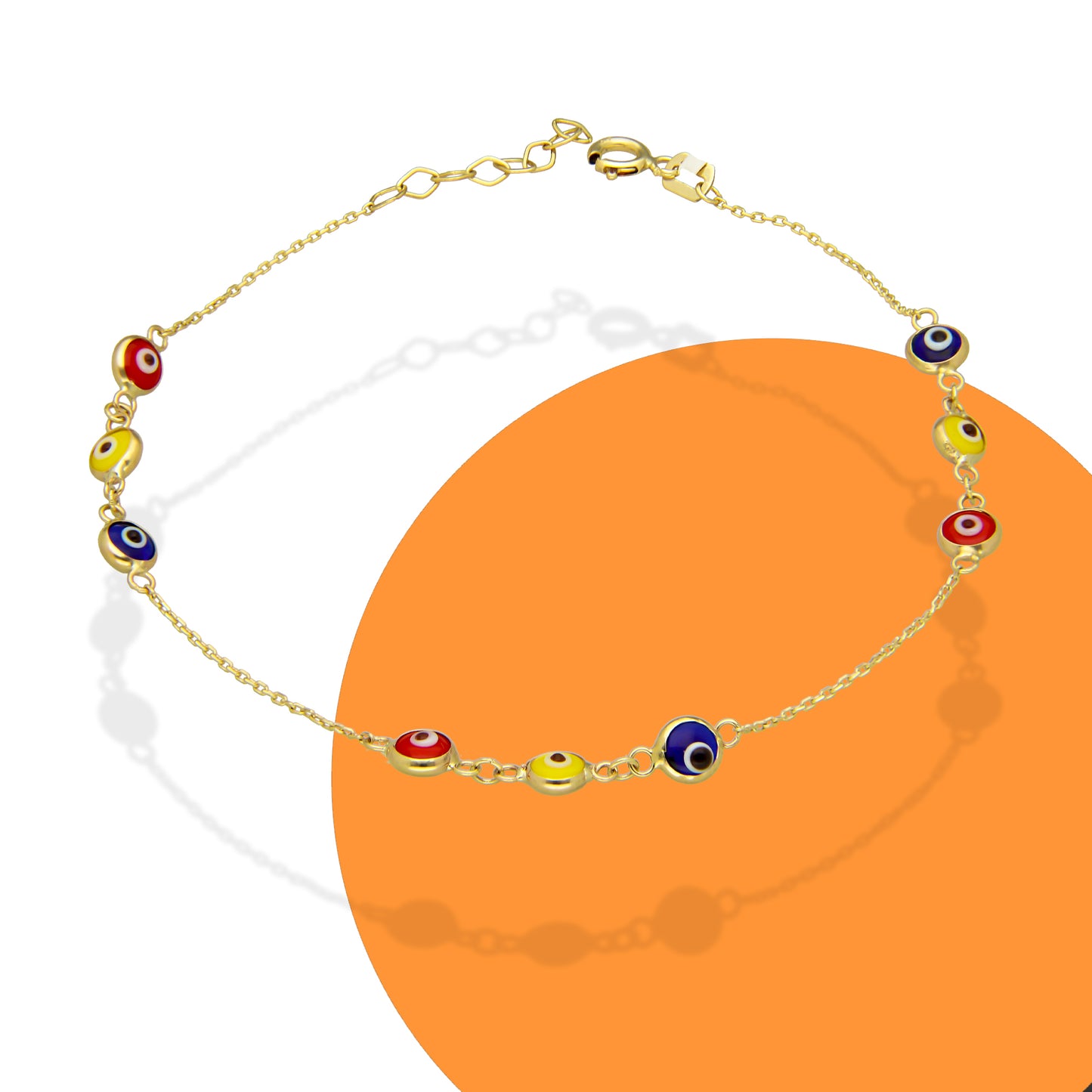 MR10PD032 Pulsera Dama Oro Sólido 10K EMF10 Modelo Ojitos Turcos Multicolor Triada 4.5 mm Ajustable 18 a 20 cm