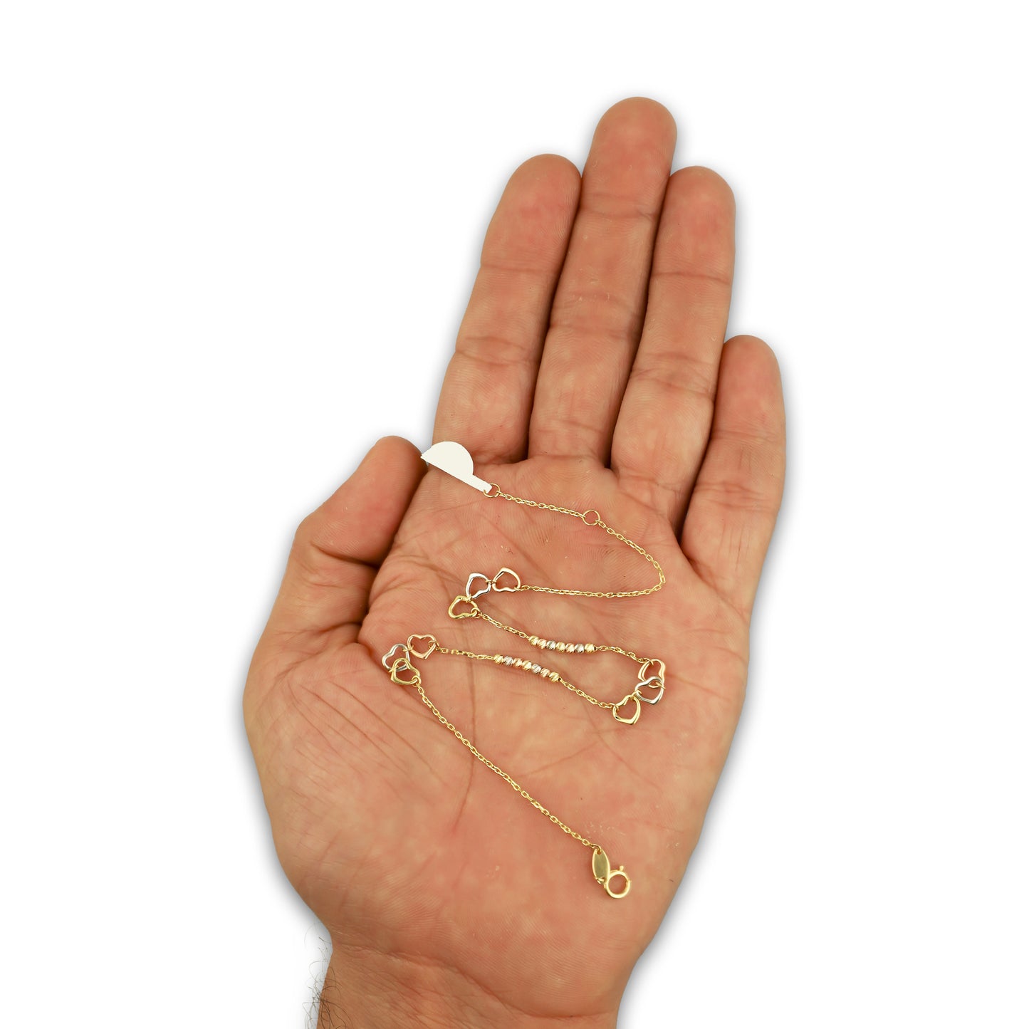 MR10TB011 Pulsera Tobillera Dama Oro Sólido 10K Mod Triada Corazones y Bolitas Diamantadas 6 mm Largo Ajustable 22.5 a 24.5 cm