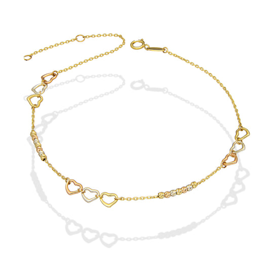 MR10TB011 Pulsera Tobillera Dama Oro Sólido 10K Mod Triada Corazones y Bolitas Diamantadas 6 mm Largo Ajustable 22.5 a 24.5 cm