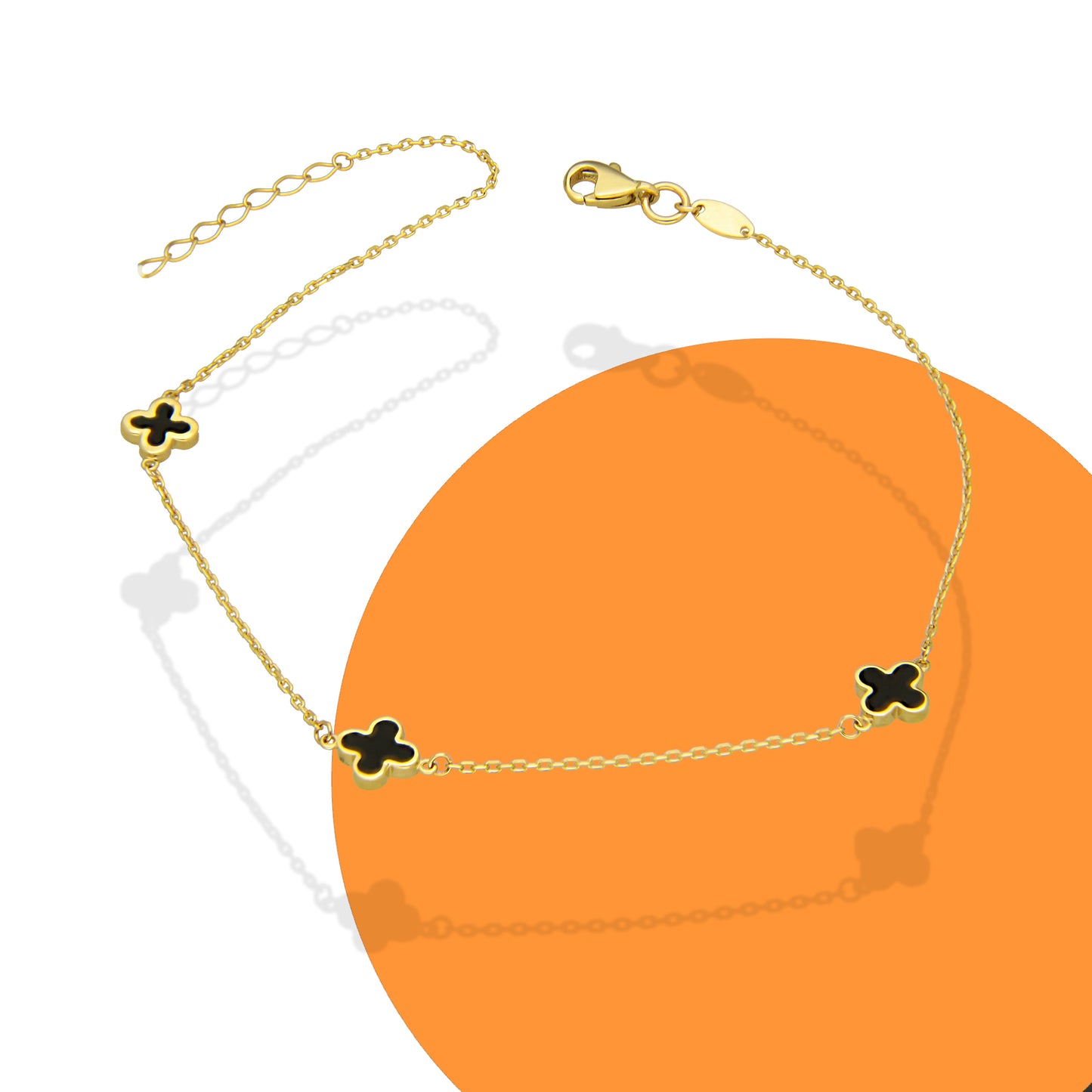 MR10TB013 Pulsera Tobillera Dama Oro Sólido 10K Mod Trébol Esmaltado Negro 6 mm Largo Ajustable 23 a 25 cm