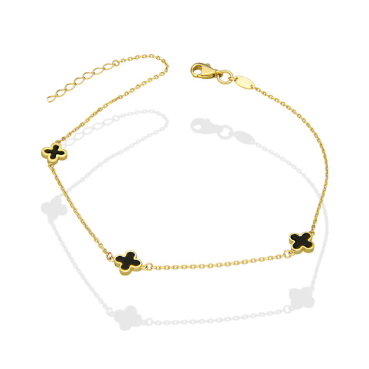 MR10TB013 Pulsera Tobillera Dama Oro Sólido 10K Mod Trébol Esmaltado Negro 6 mm Largo Ajustable 23 a 25 cm