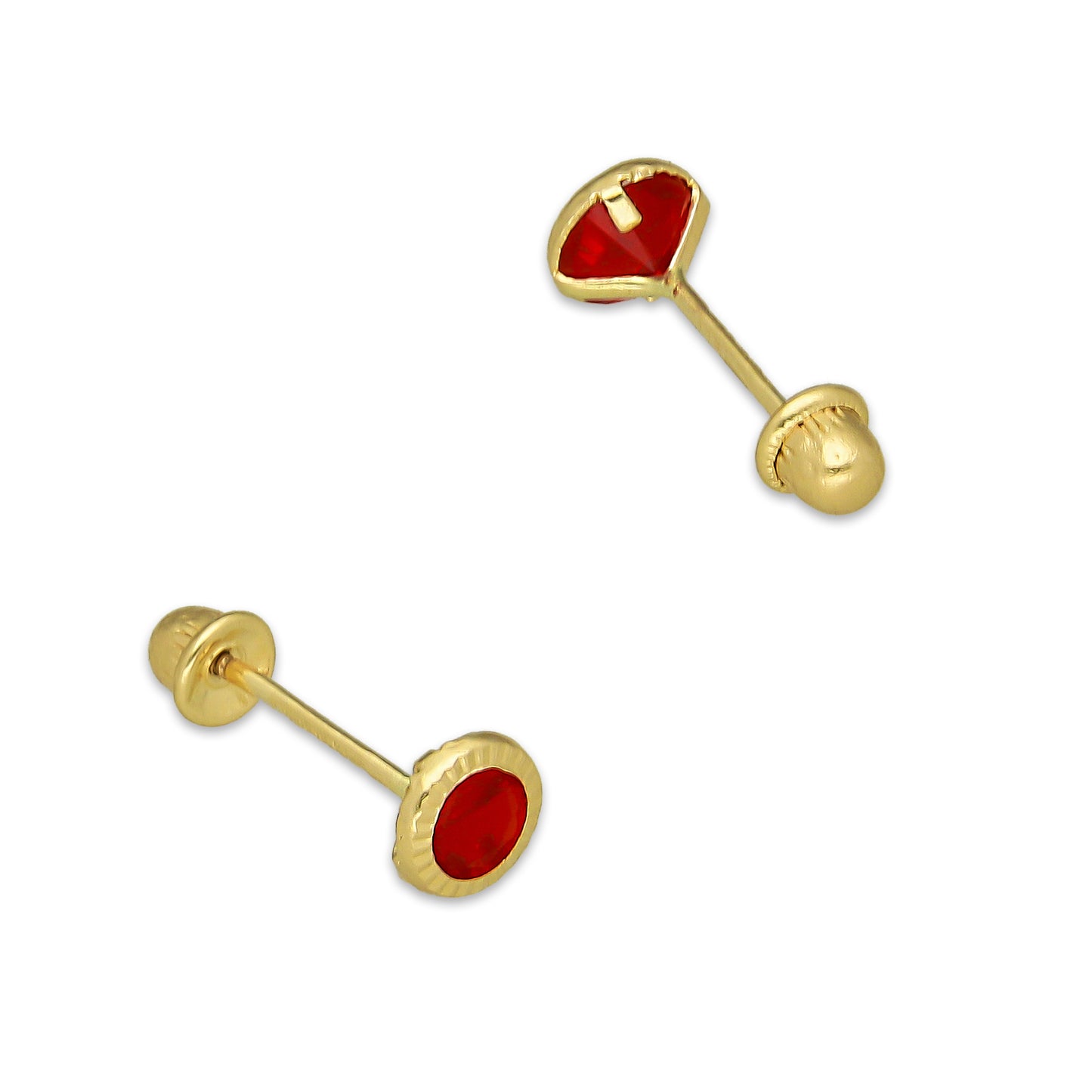 MR14AB003 Arete Broquel Oro Sólido 14K Modelo Zirconia Roja Redonda con Bisel Diamantado 4 mm de Diámetro