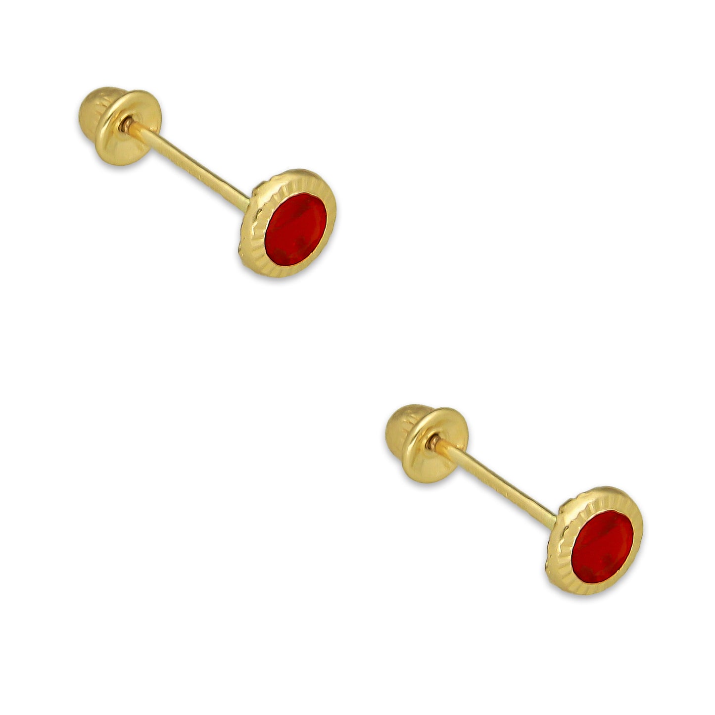 MR14AB003 Arete Broquel Oro Sólido 14K Modelo Zirconia Roja Redonda con Bisel Diamantado 4 mm de Diámetro