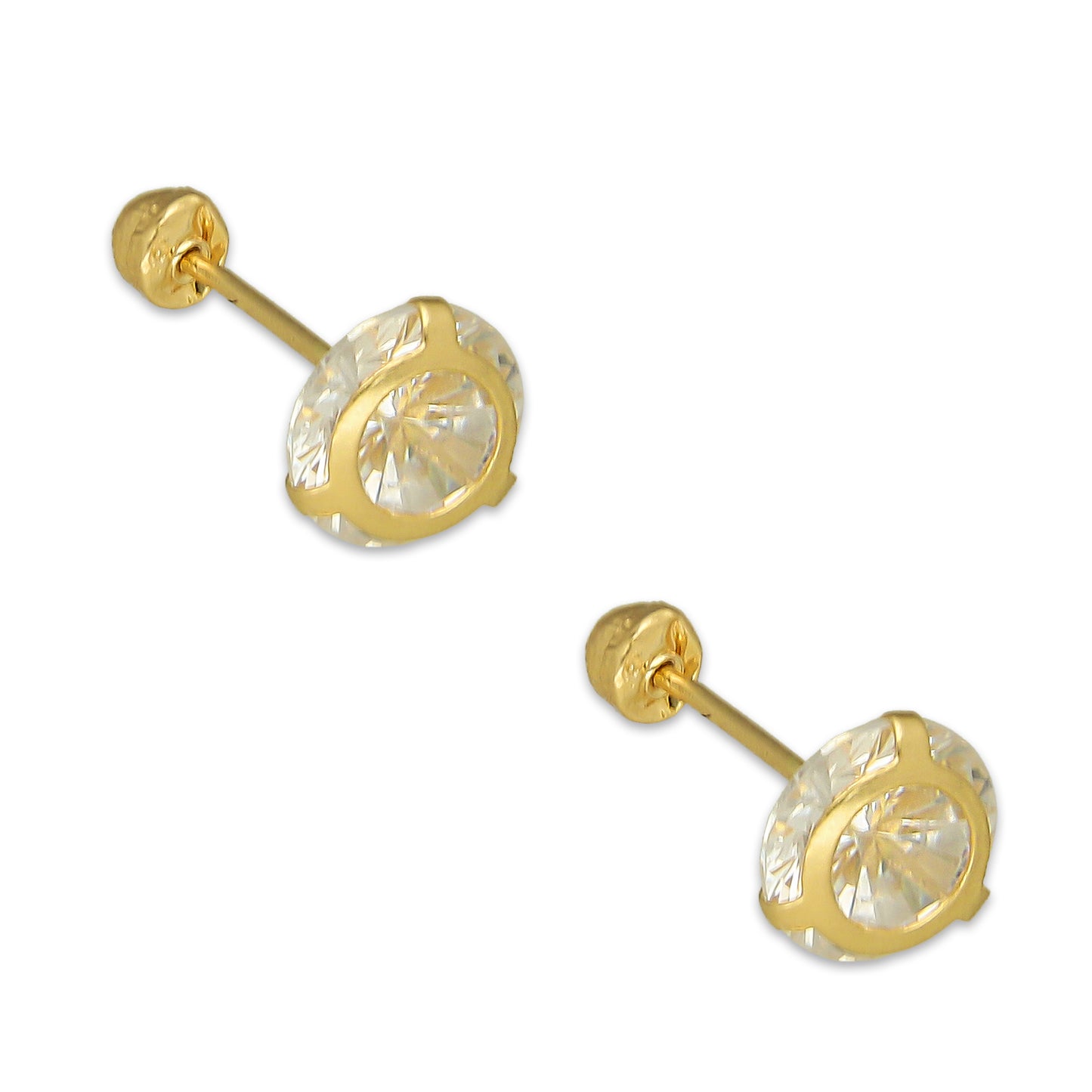 MR14AB013 Arete Broquel Oro Sólido 14K Modelo Zirconia Redonda con Base Lisa 6 mm de Diámetro