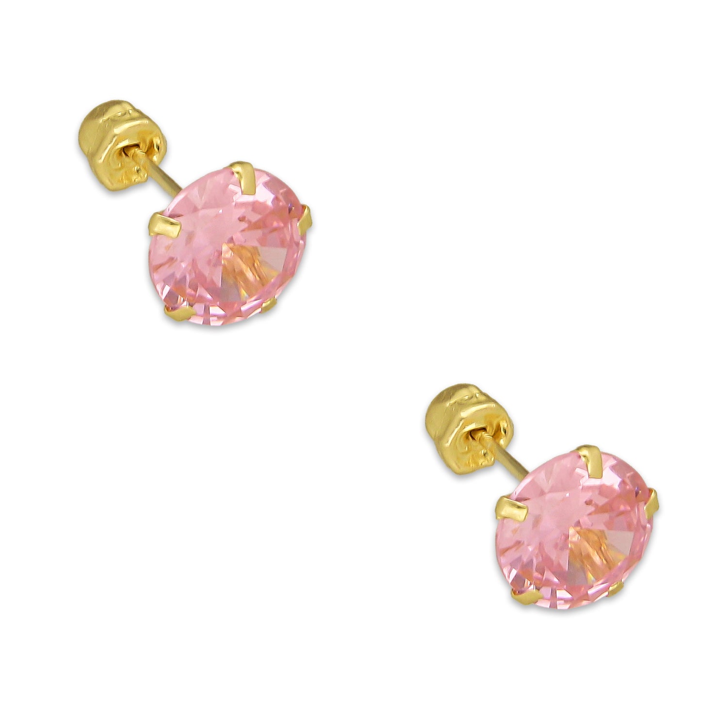 MR14AB015 Arete Broquel Oro Sólido 14K Modelo Zirconia Rosa Redonda sin Bisel 6 mm de Diámetro