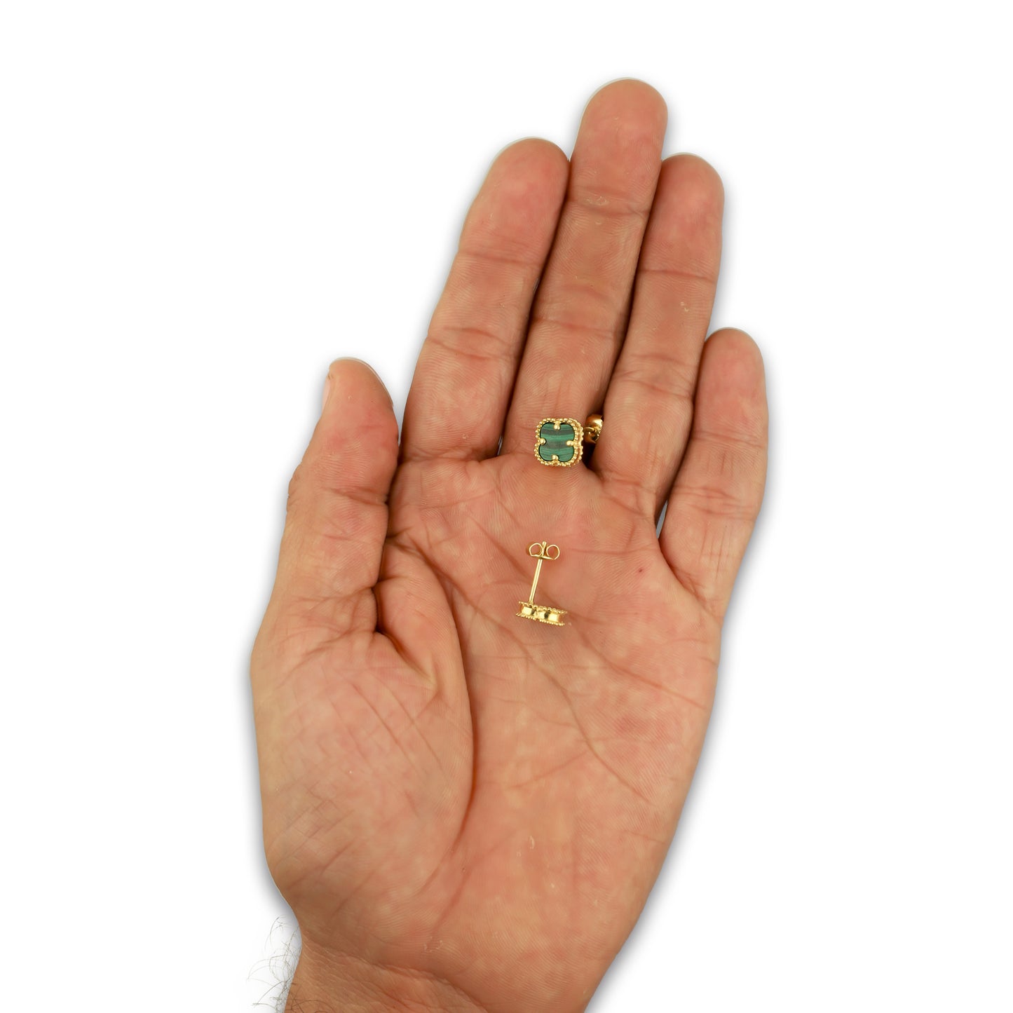 MR14AB017 Arete Broquel Oro Sólido 14K Modelo Trébol 1 cm Verde Diámetro 1.4 cm