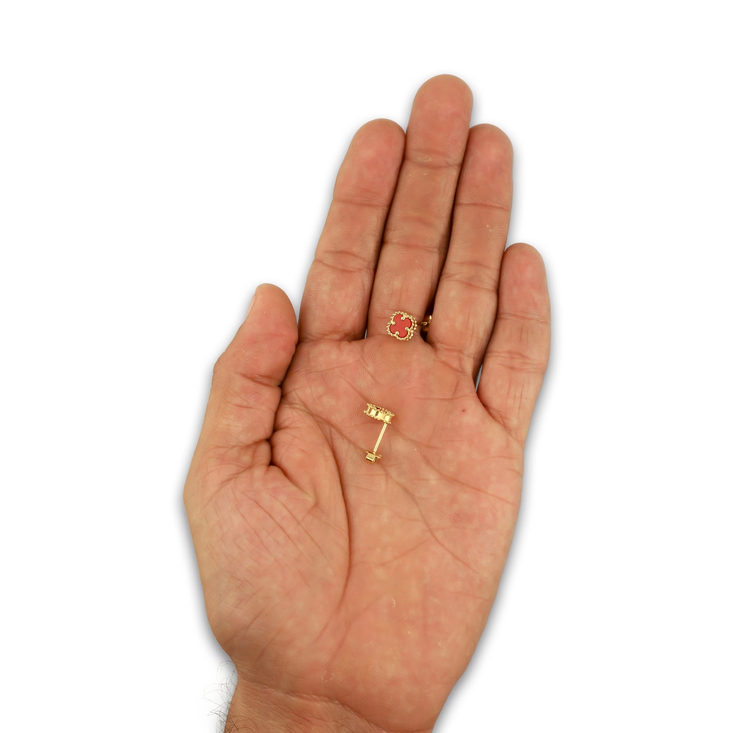 MR14AB020 Arete Broquel Oro Sólido 14K Modelo Trébol 8 mm Rojo Diámetro 1.3 cm