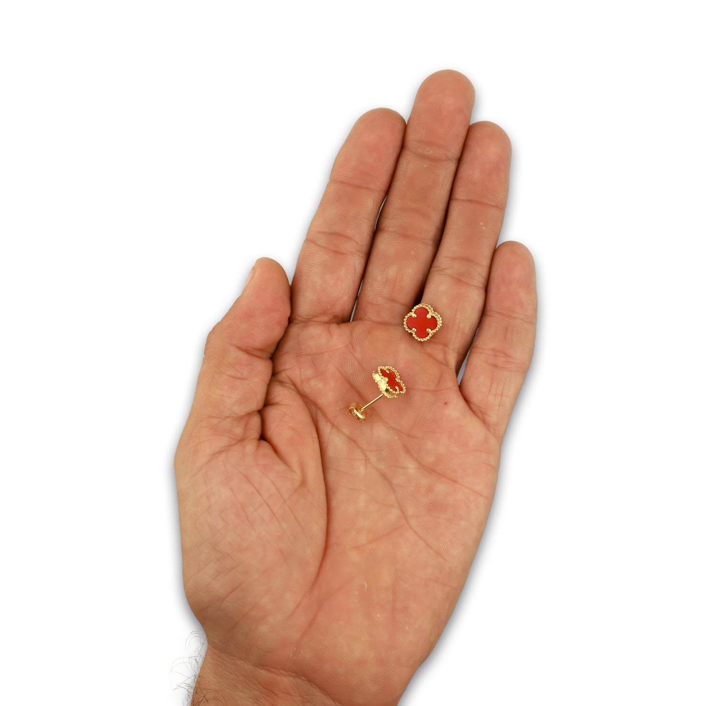 MR14AB021 Arete Broquel Oro Sólido 14K Modelo Trébol 1 cm Rojo Diámetro 1.4 cm