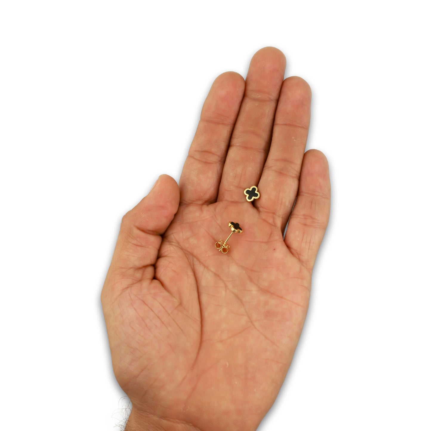 MR14AB022 Arete Broquel Oro Sólido 14K Modelo Trébol 7 mm Negro Diámetro 1.2 cm