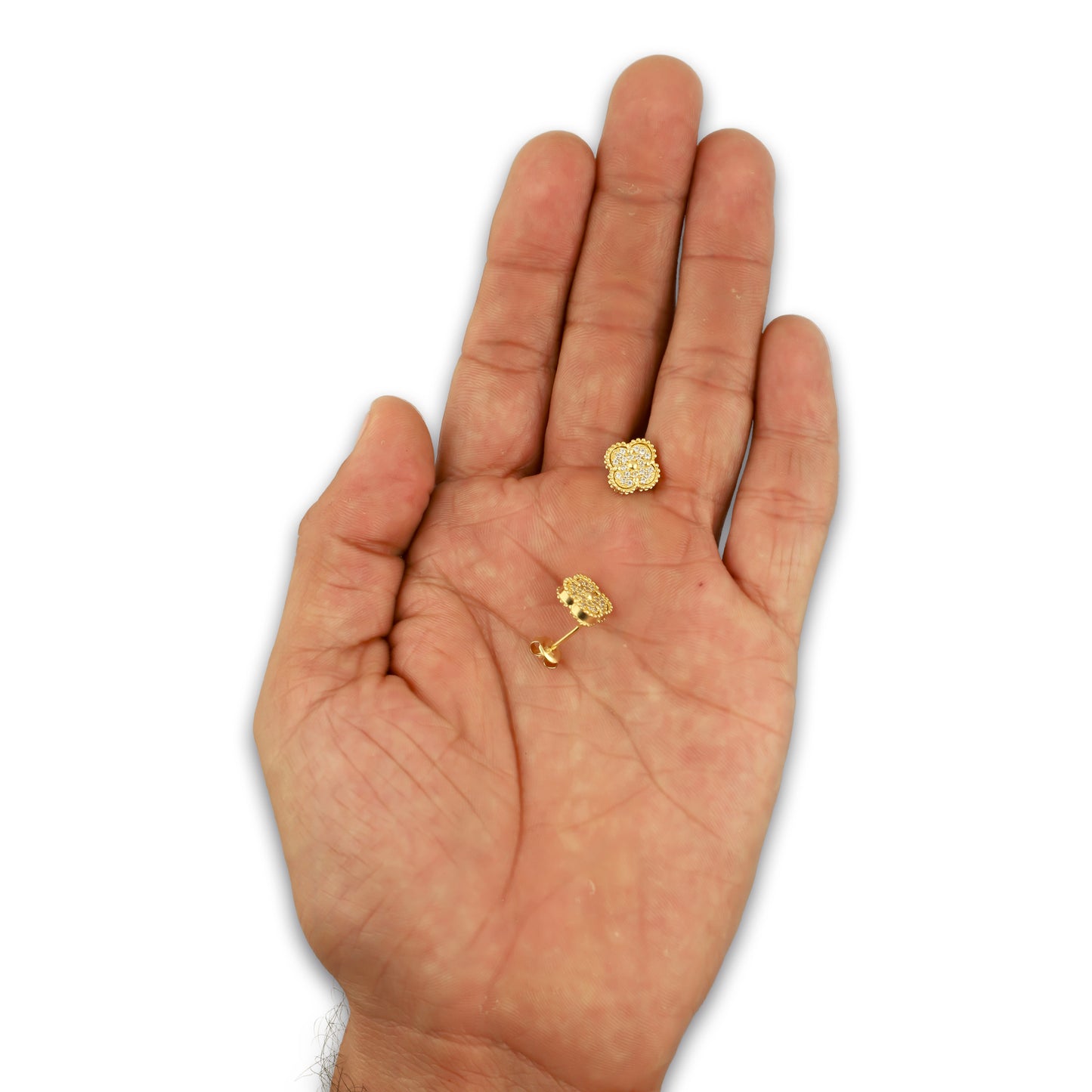 MR14AB024 Arete Broquel Oro Sólido 14K EMF14 Modelo Trébol 8 mm Dorado con Zirconias Diámetro 1.3 cm