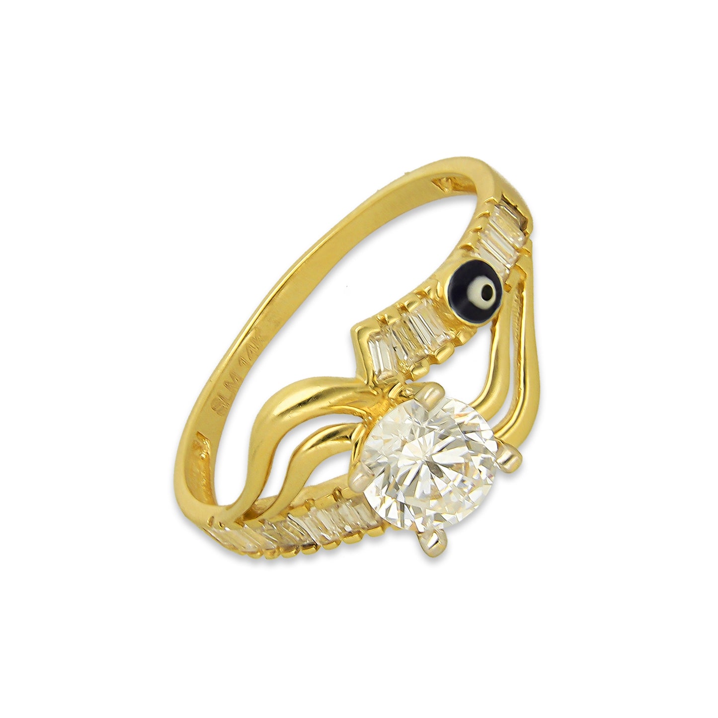 MR14AD027 Anillo Dama Solitario Oro Sólido 14K Modelo Con Baguettes y Ojito Turco 6 mm Zirconia Principal