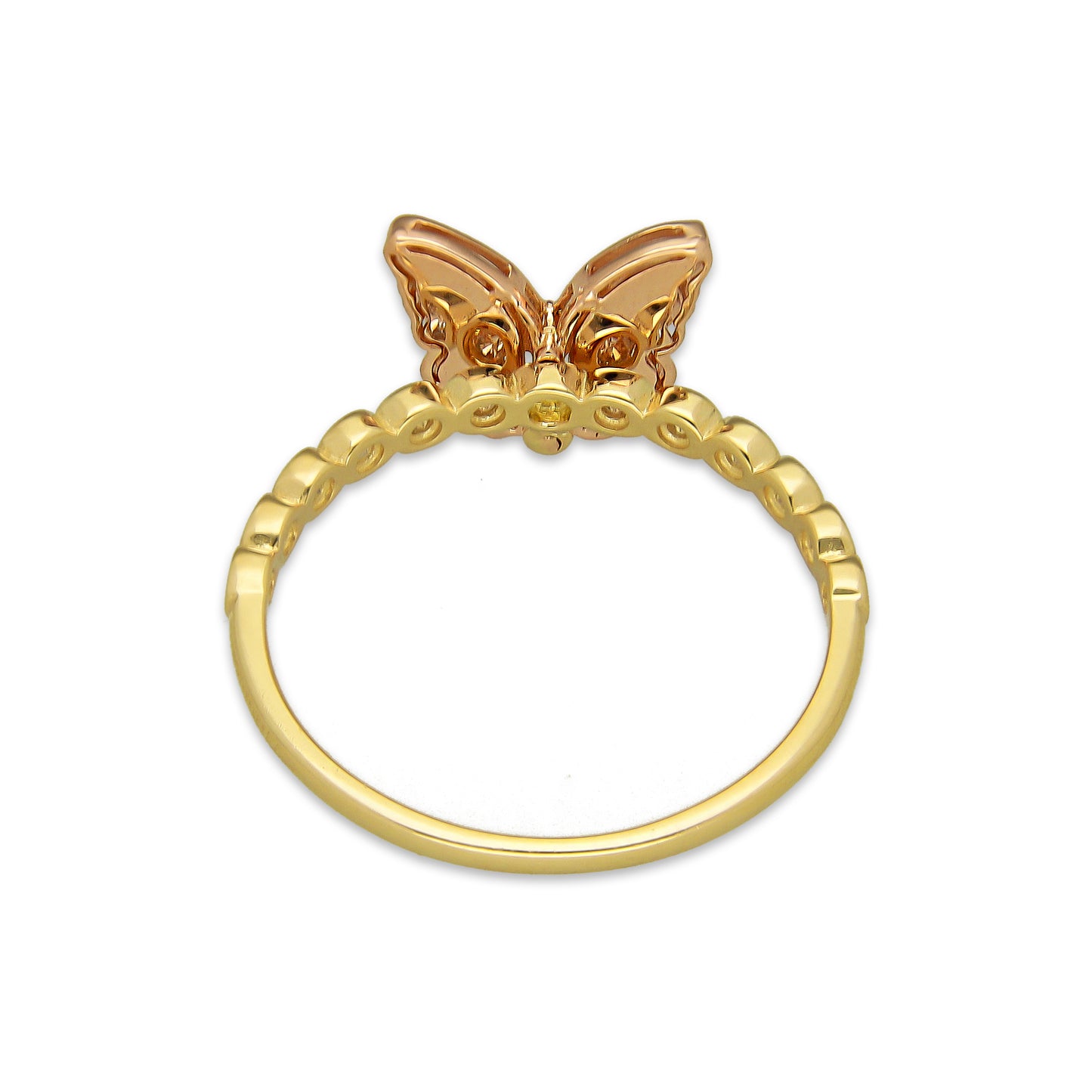 MR14AD031 Anillo Dama Oro Sólido 14K Modelo Mariposa Rosa Struct 6 Zirconias Laterales