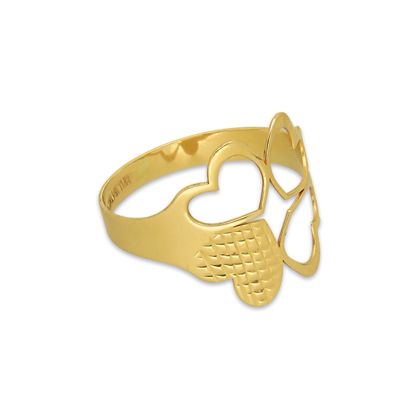 MR14AD040 Anillo Dama Oro Sólido 14K Modelo Trébol 4 Corazones 3 Calados 1 Diamantado