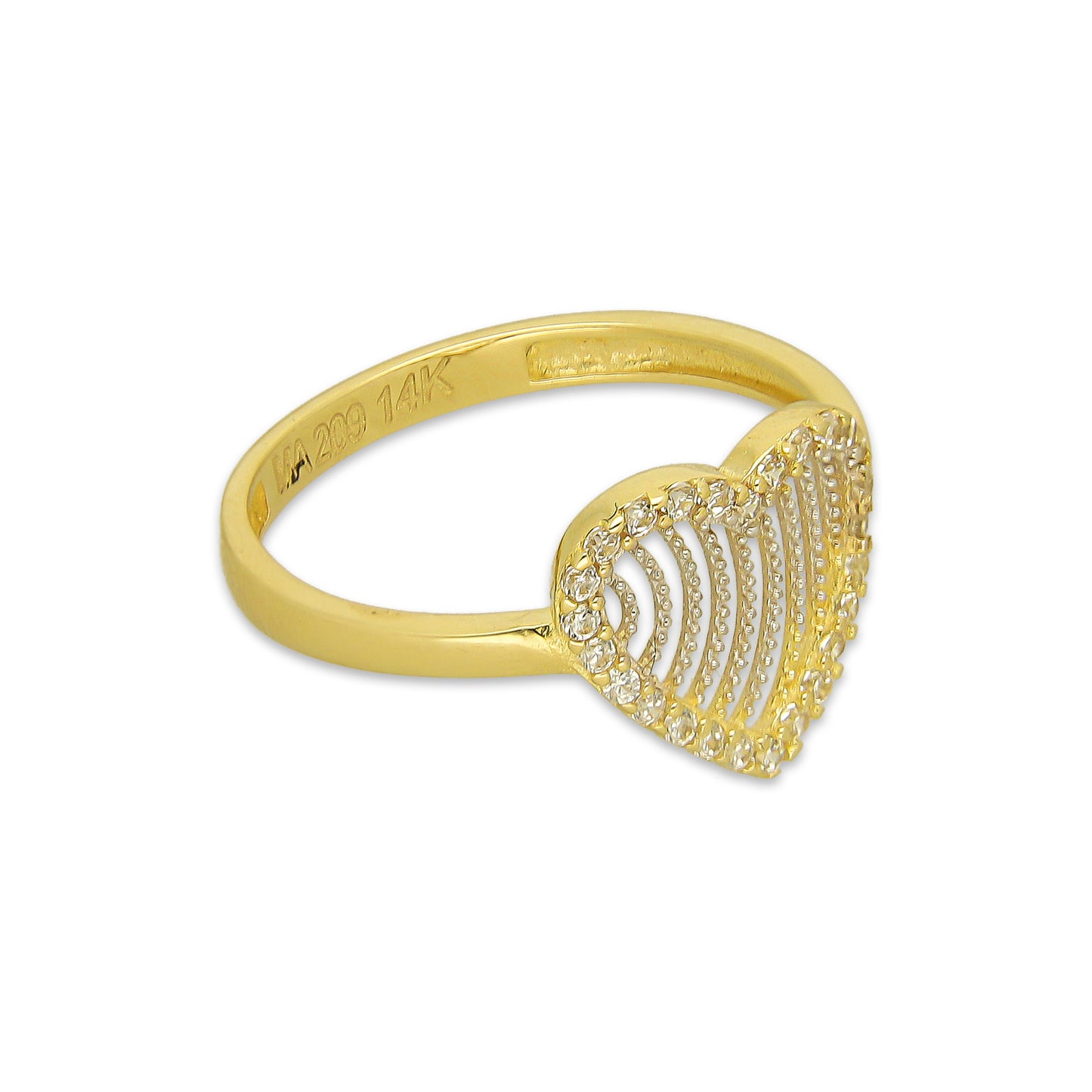 MR14AD041 Anillo Dama Oro Sólido 14K Modelo Corazón Ondas Filigrana con Zirconias