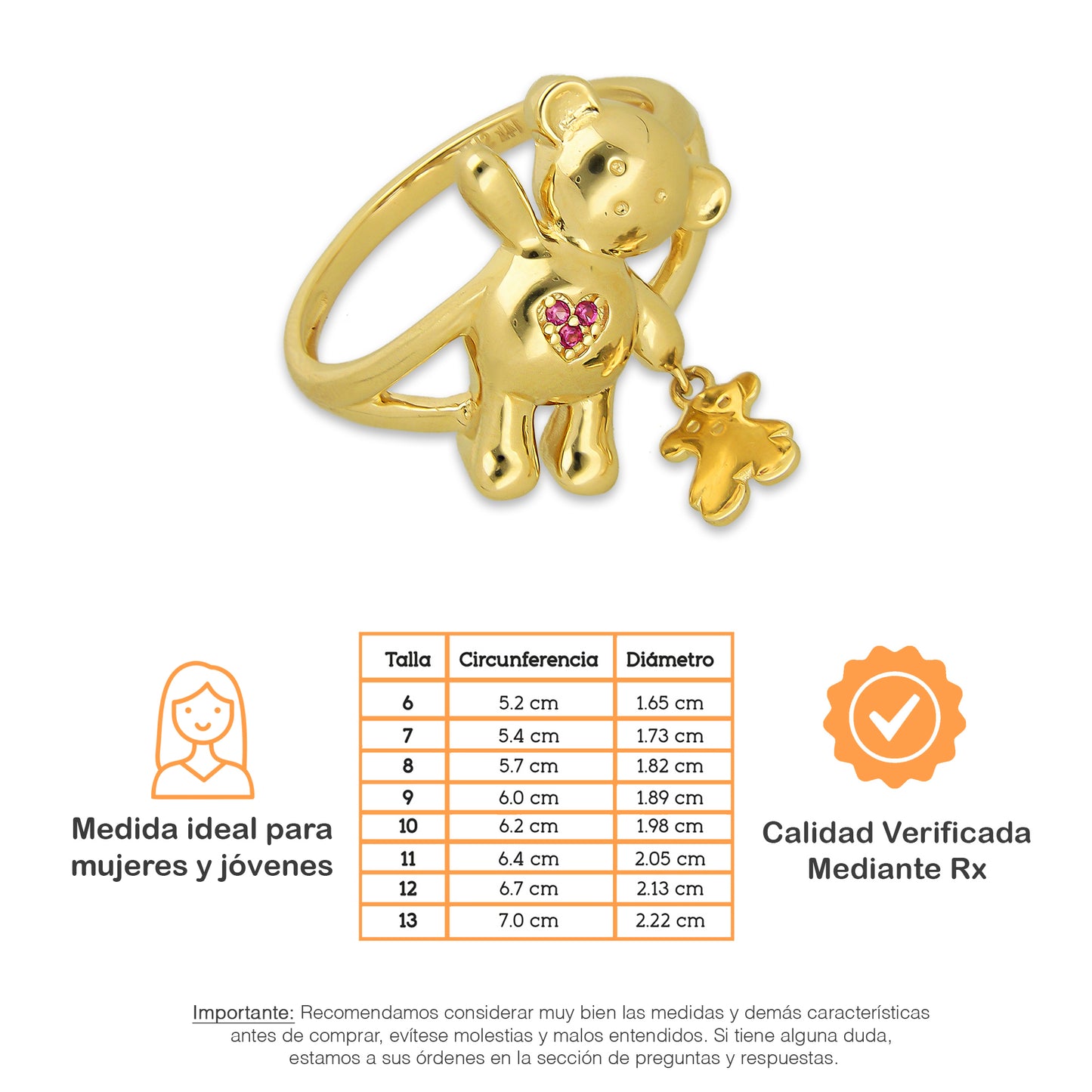 MR14AD044 Anillo Dama Oro Sólido 14K Modelo Oso Corazón Rojo con Osito Colgante