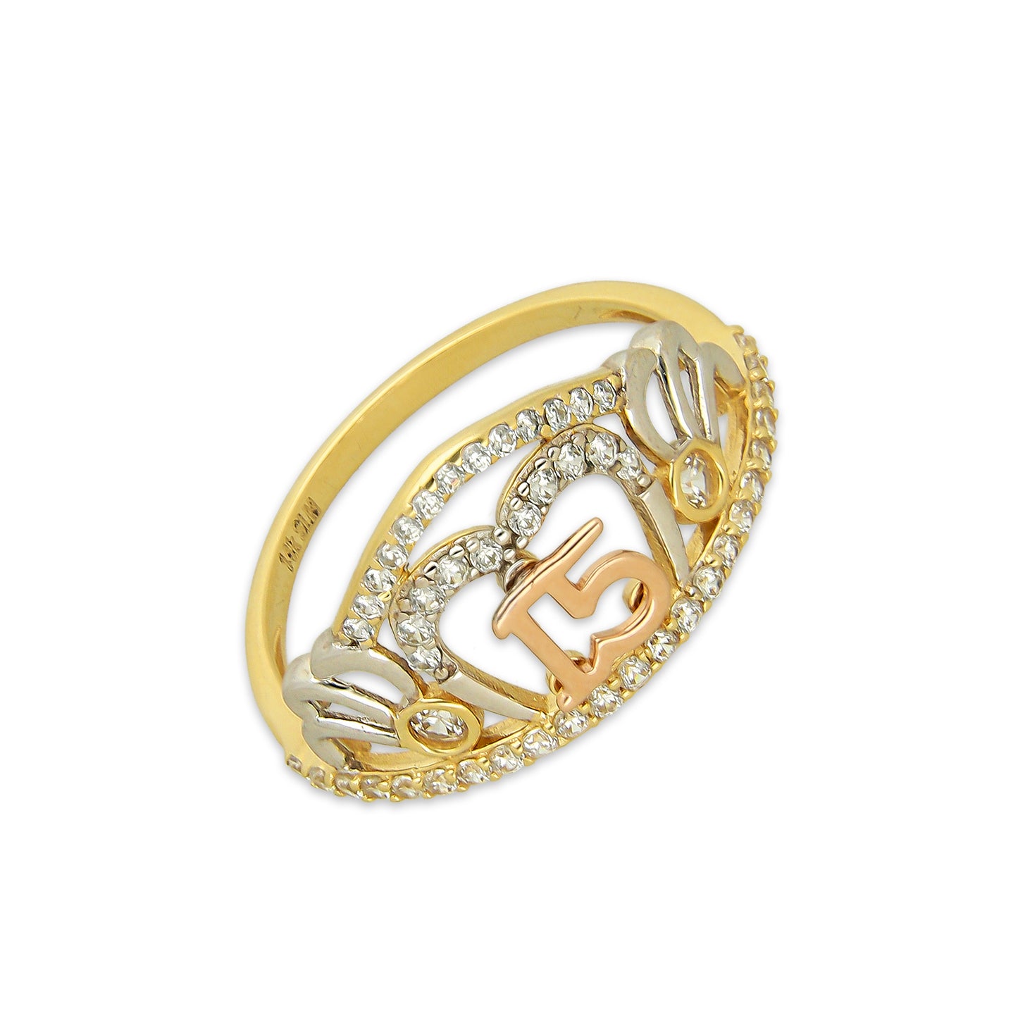 MR14AD047 Anillo Dama Oro Sólido 14K Modelo XV Años Corazón con Zirconias
