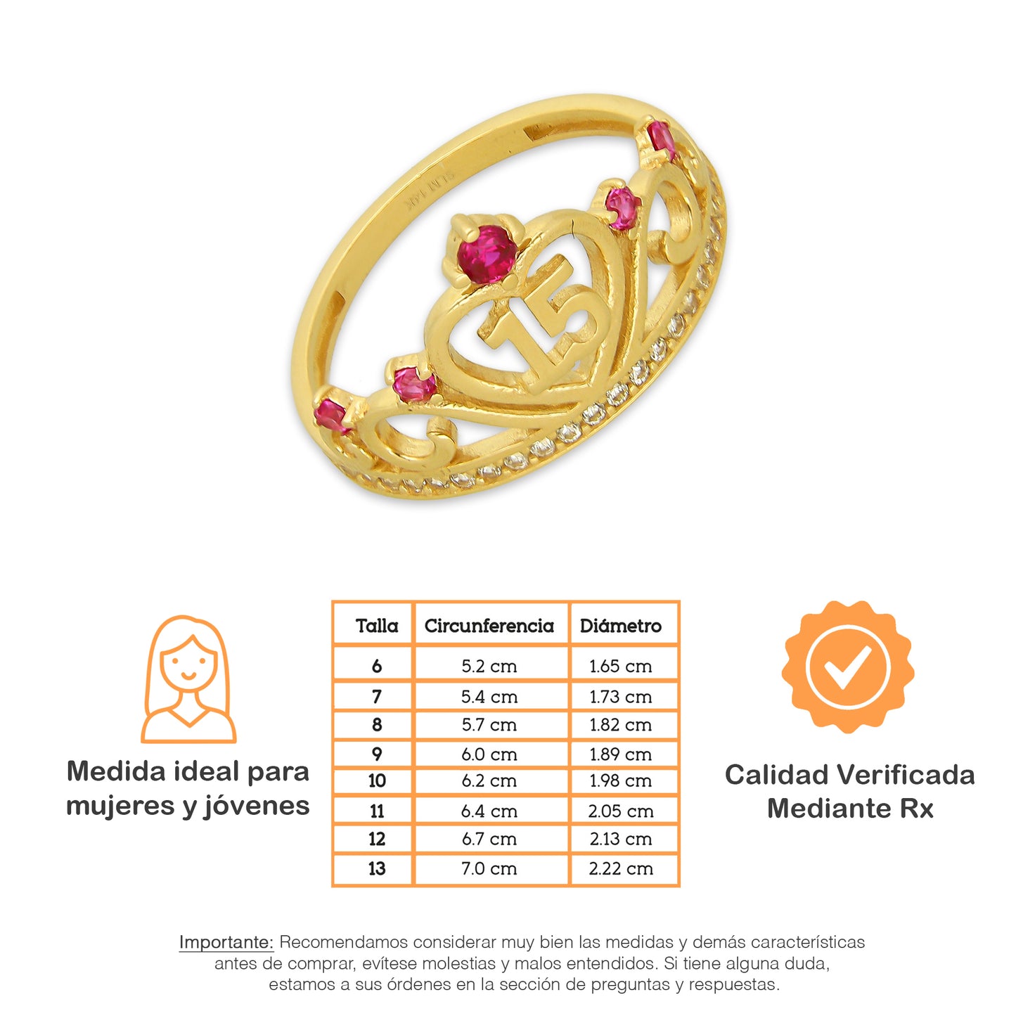 MR14AD049 Anillo Dama Oro Sólido 14K Modelo XV Años con Zirconias Rojas