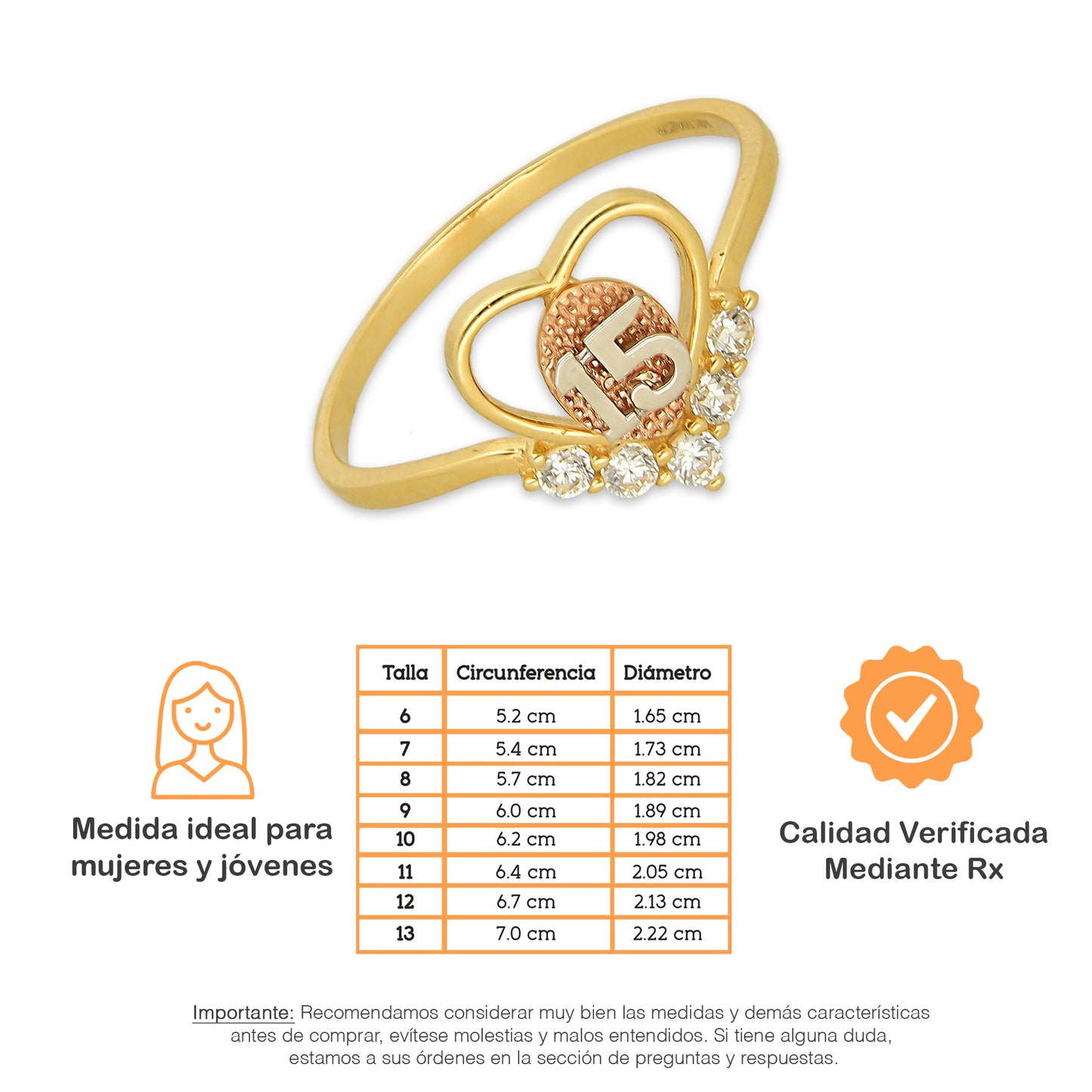 MR14AD053 Anillo Dama Oro Sólido 14K Modelo XV Años V Zirconias