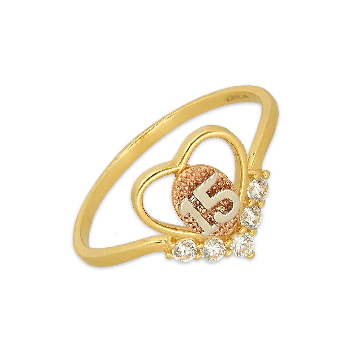 MR14AD053 Anillo Dama Oro Sólido 14K Modelo XV Años V Zirconias
